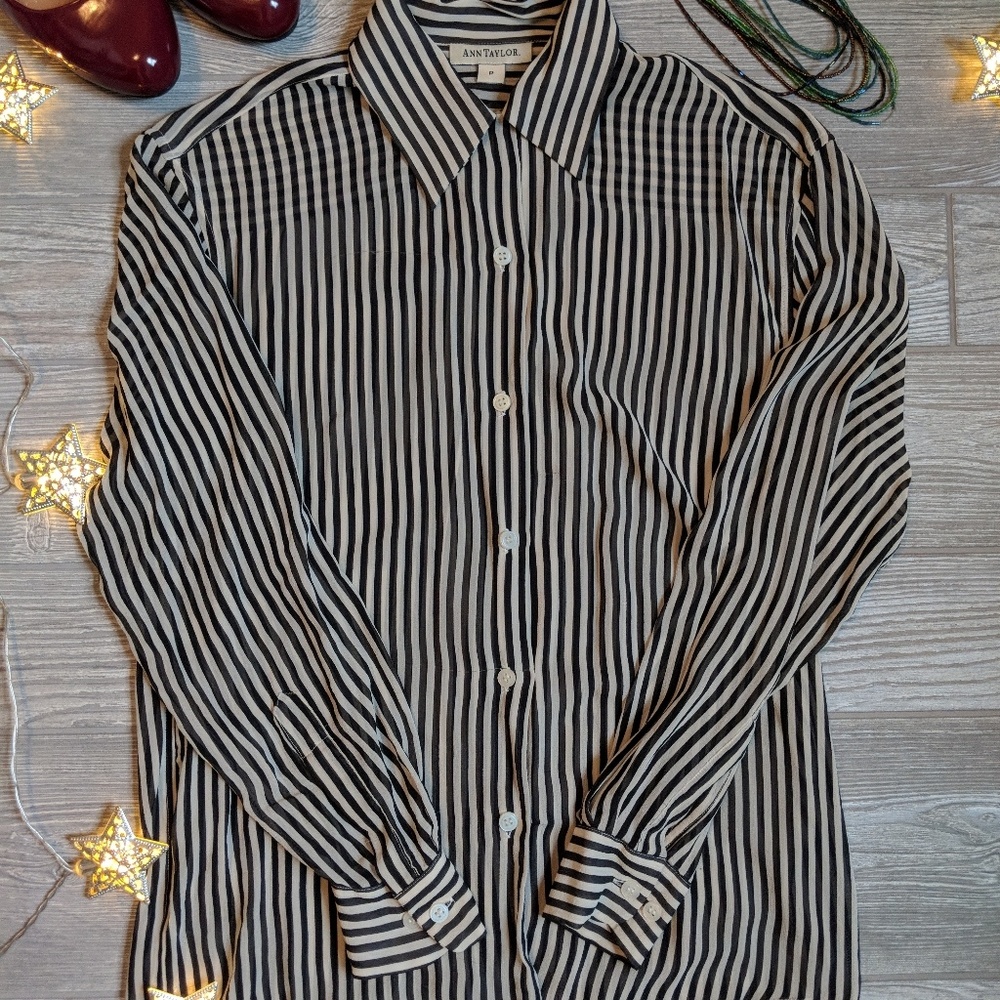 Ann Taylor Silk Button Down Black & White Blouse